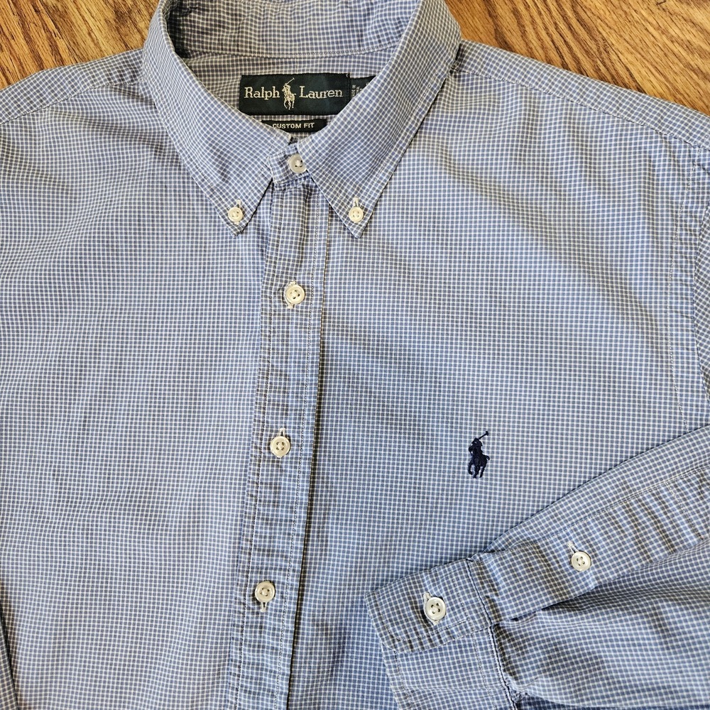 Ralph Lauren‎ Shirt Plaid Check Button Down Front Blue White Size 17 34/35